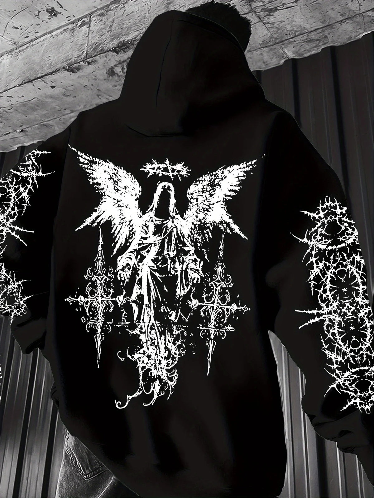 Men's Angel-themed graffiti thorn print streetwear hip-hop punk style hooded sweatshirt regular fit version sweatshirt hoodie