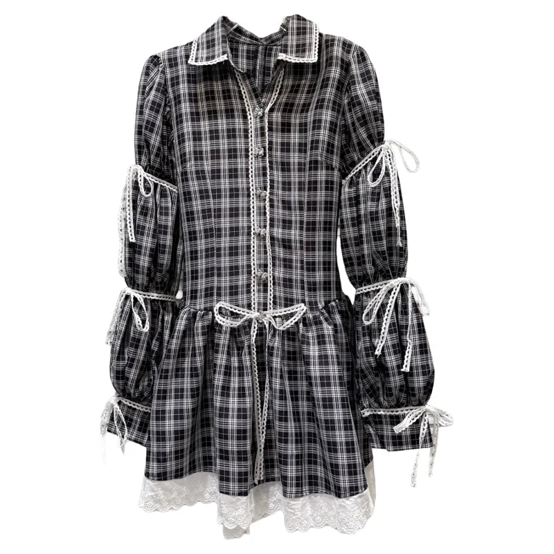 DEAT 2026 Spring New Style Plaid Pattern Bow Tie Long Sleeve Shirt Dresses For Women Contrast Color Sweet Dress Female 11A08637