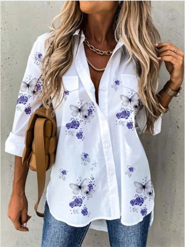 Summer Turn-Down Collar Women Blouse Long Sleeve Shirts Spring Vintage Floral Print Button Casual Blouse Blusas