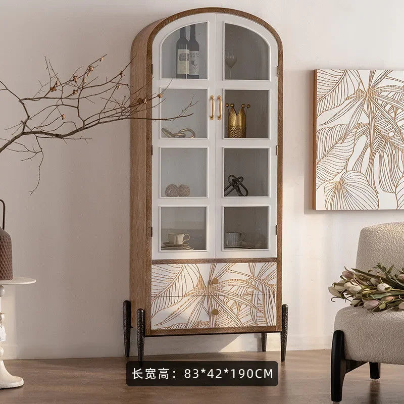 Modern Solid Wood Carving Flower Sideboard Buffet Cabinet with Door, Large Kitchen Storage Cabinet with Solid Wood Console Table