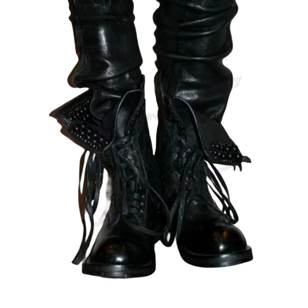 Black Lace Up Round Toe Boots for Men Vintage Matte Leather British Style Motorcycle Shoes Casual Runway New Style Men's Shoes