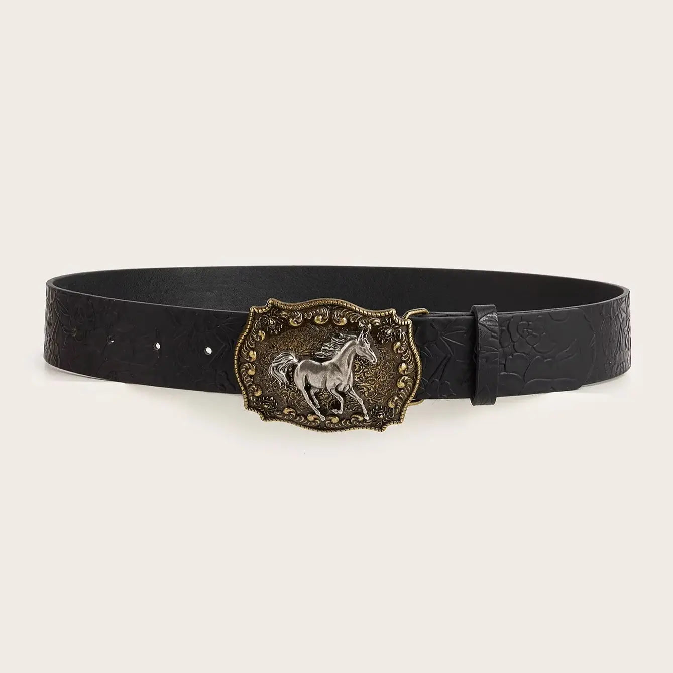 Neutral horse head buckle peony pattern PU belt fashionable