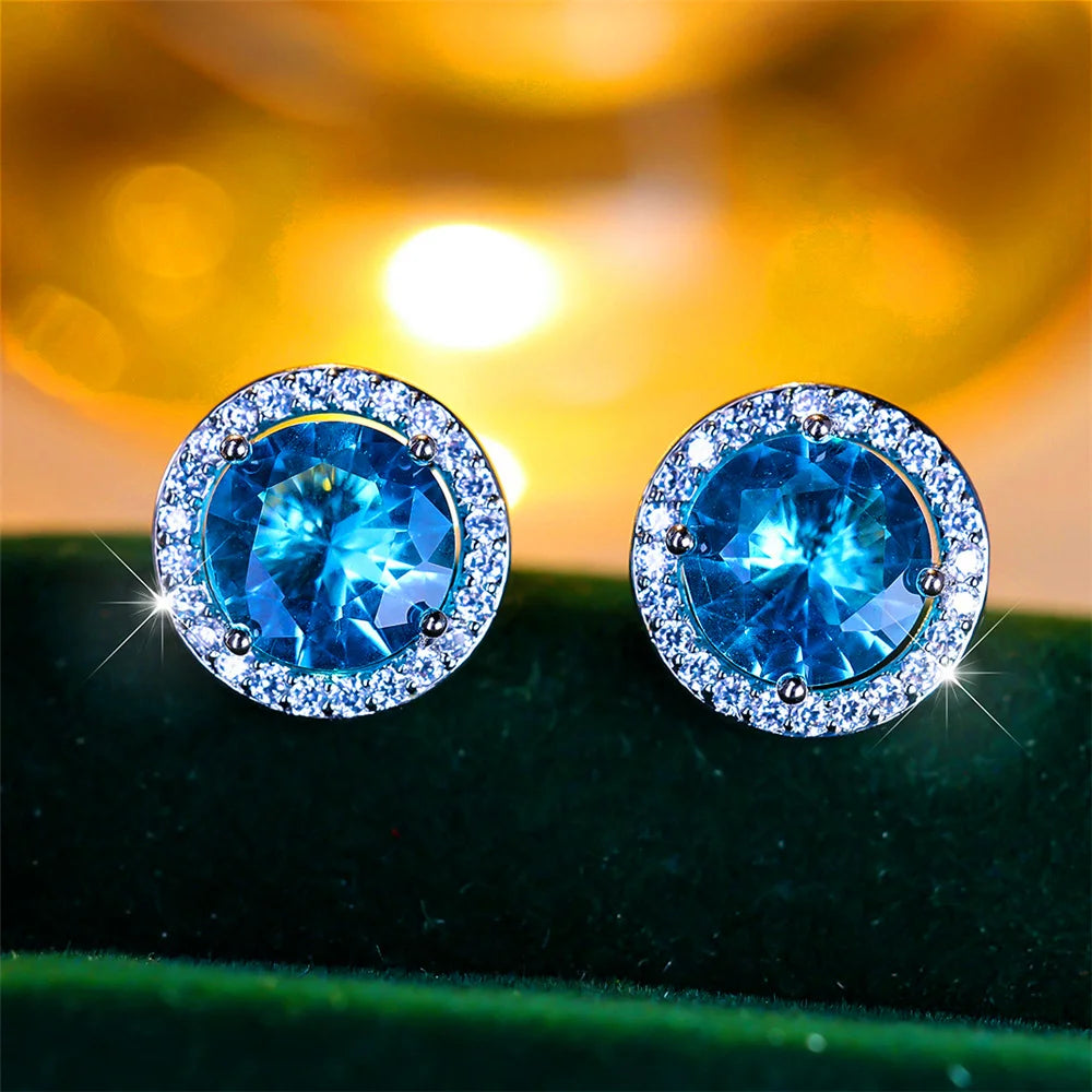 Luxury Female Crystal Purple Blue Green Round Stud Earrings Silver Color Wedding Jewelry For Women | Kimlud Luxury Jewelry