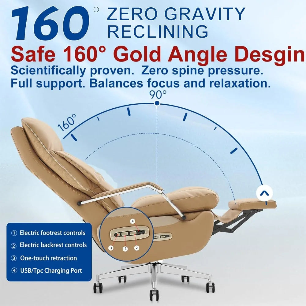 Dual Motor Executive Home Office Chair with Footrest One-Click Electric Recline with Massage Pillow Support 430LBS Big and Tall