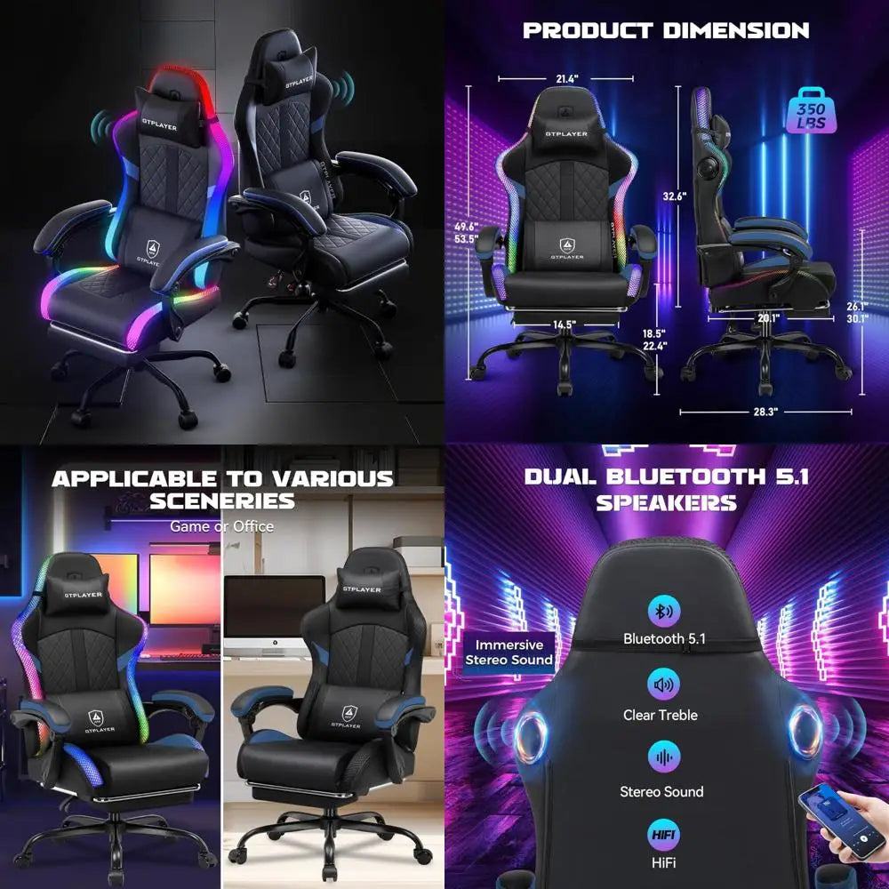 RGB Gaming Chair with Speakers and LED Lights, Ergonomic Computer Chair for Adults, High Backrest, Comfortable for PC Gamers, In