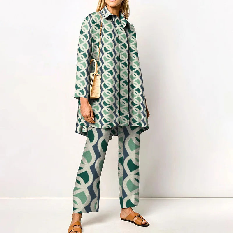 Autumn New Loose Vintage Printed Pant Sets Women Long Sleeve Shirts And Wide Legs Trousers Two Piece Set 2024 Fashion Streetwear