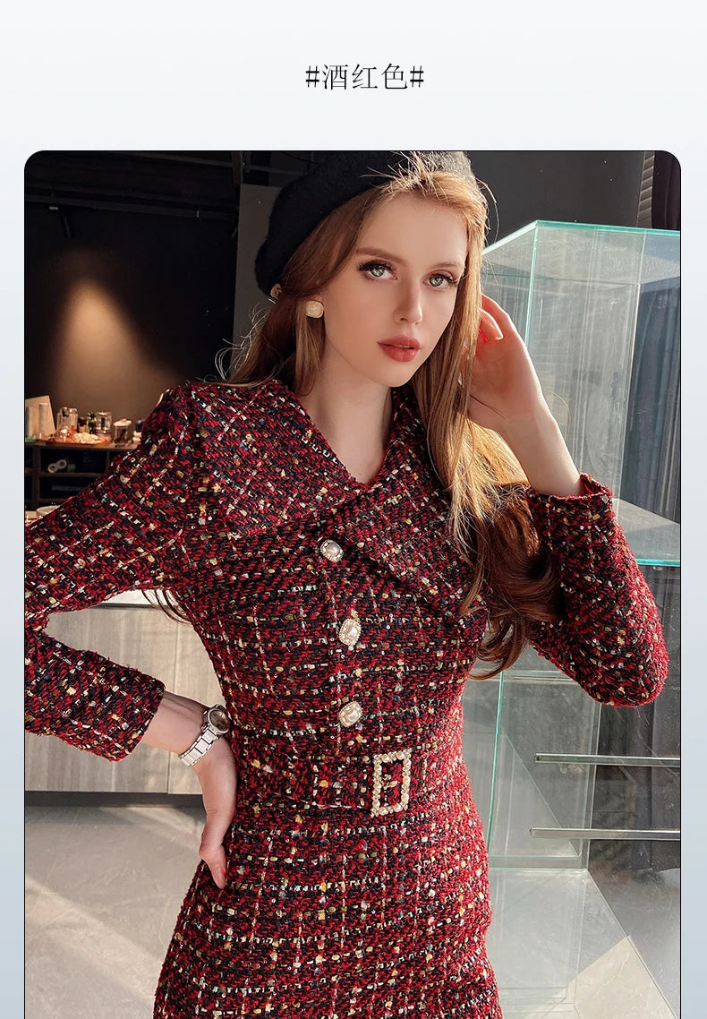 Elegant Retro Tweed Asymmetric Large Lapel Slimming Dress Women's Autumn Winter High-Grade Long Sleeve Mid-length Dress...