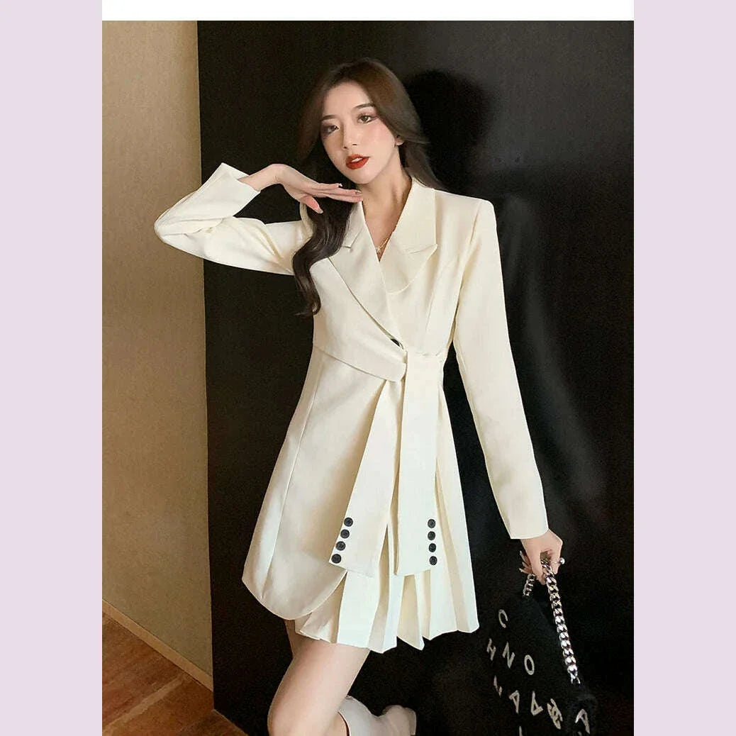 2022 Autumn Office Sashes Bandage Waist Tie Blazer Dress Women Long Sleeve Notched Collar Pleated Irregular Mini Vestidos
