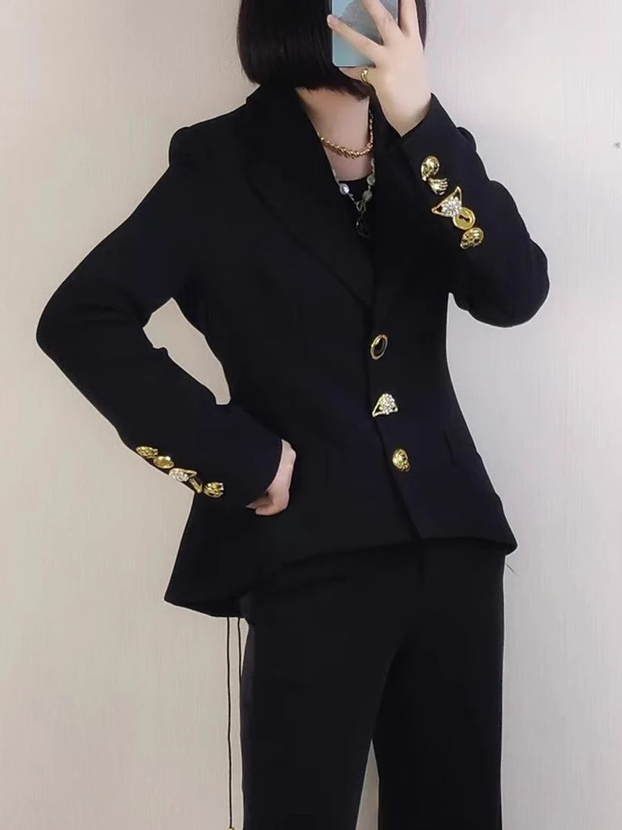 TWOTWINSTYLE Solid Spliced Lace Up Slimming Jackets For Women Lapel Long Sleeve Tunic Temperament Patchwork Button Coat Female - Kimlud