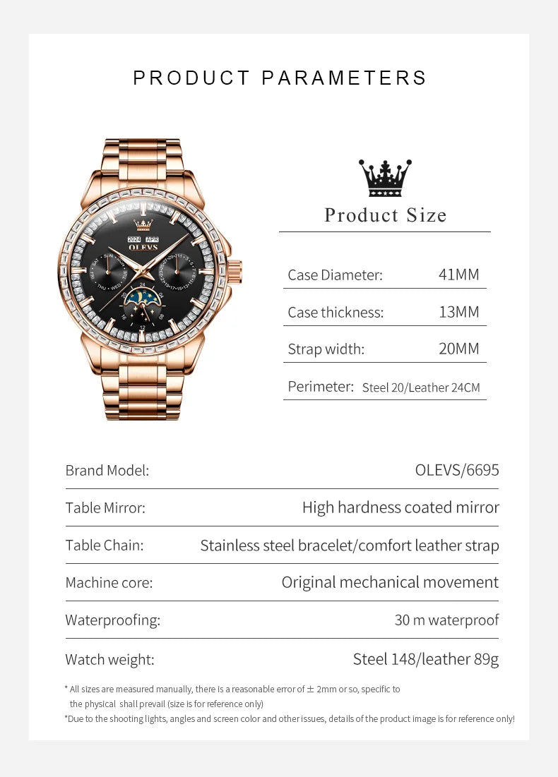 OLEVS 6695 Automatic Mechanical Men's Watches Luxury Brand Original Diamond Bezel Moon Phase Perpetual Calendar Man...