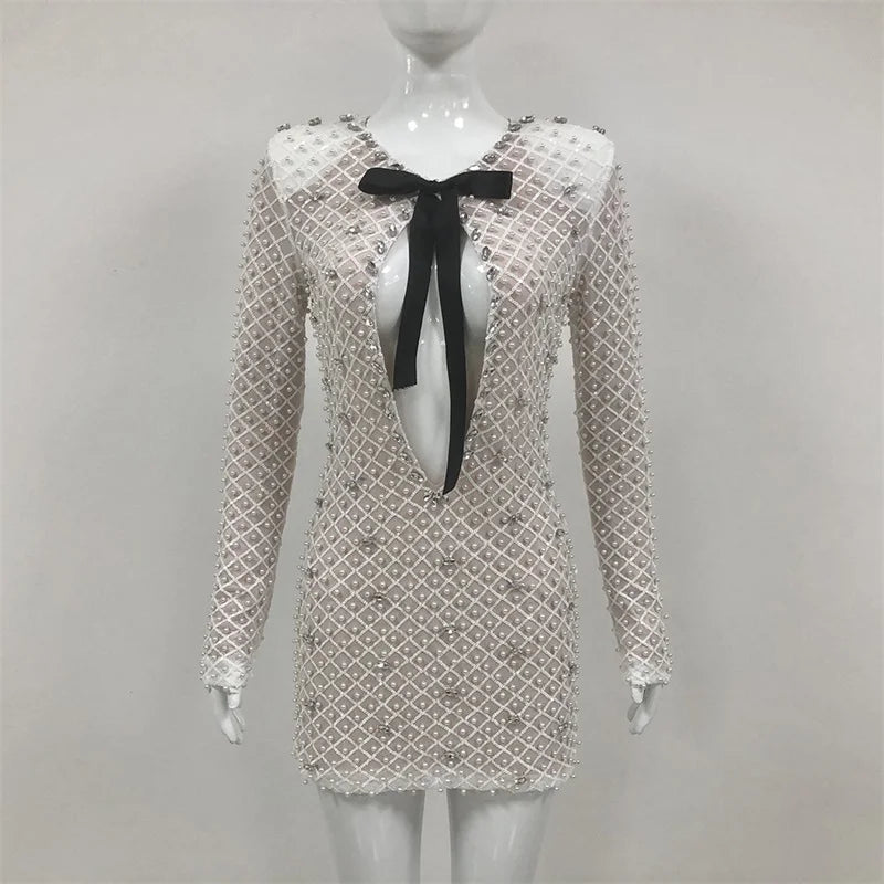 Luxury White Pearls Bow Women Prom Dress Full Sleeves Party Gown Skirt Short Mini Sheath Evening Gown Hot Girl Formal...