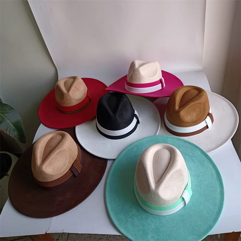 Colorblock Ribbon Colorful Suede Hat Autumn and Winter Women's Felt Hat Wide Brim Hat British Style Retro Men's Gorras Hombre - Kimlud