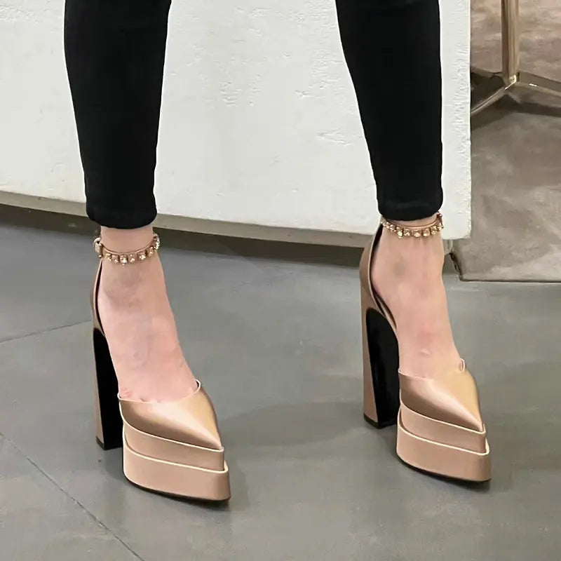 2025 New Fashion Catwalk Show Women's Single Shoes Fashion Pumps Summer Water Platform Thick Heel Pointed Toe Satin High Heels