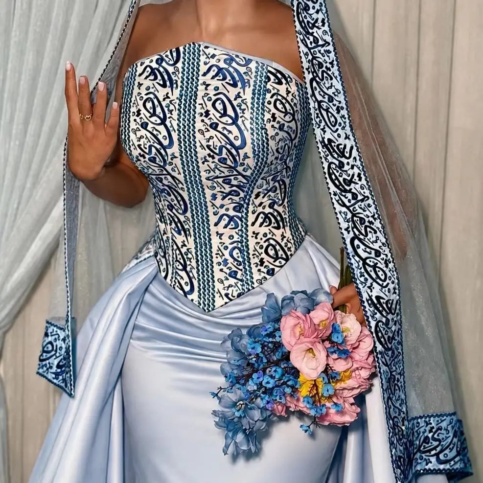 Ofherown Light Blue Evening Dress for Women Printed Corset Satin Formal Gala Prom Ball Gown 2026