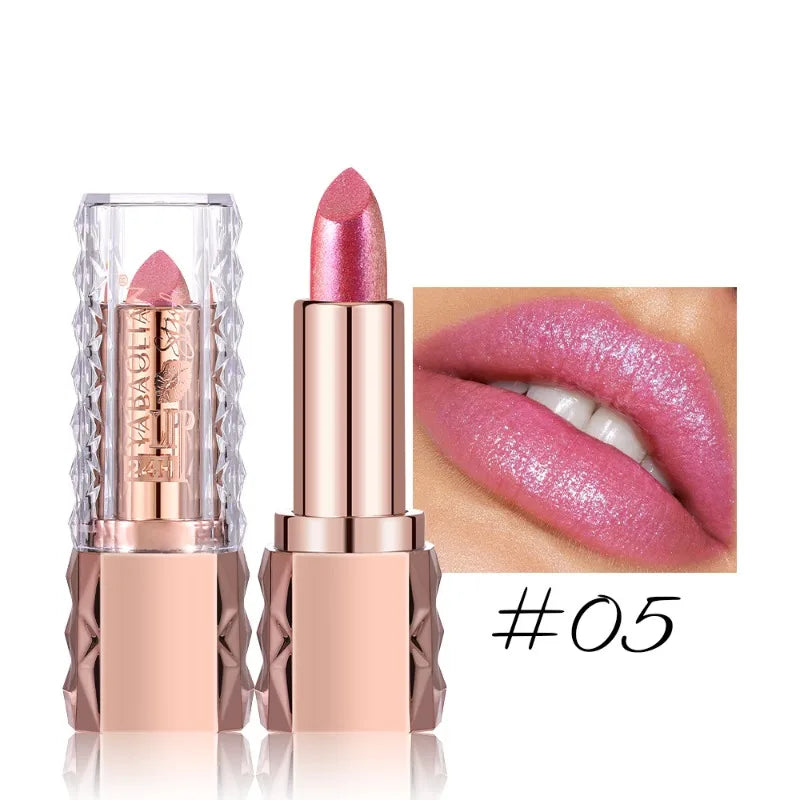 Pink Luxurious Metallic Glitter Lipstick Lasting Waterproof Shimmery Pearl Sparkling Hydrating Lipstick Women Makeup Cosmetic
