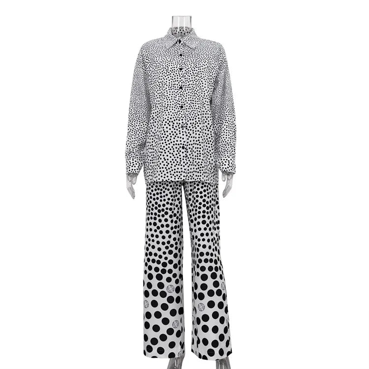 Fashion Loose Print 2 Piece Sets Loungewear Women Outfit Elegant Long Sleeve Shirts With High Waist Wide Pants Set Homewear