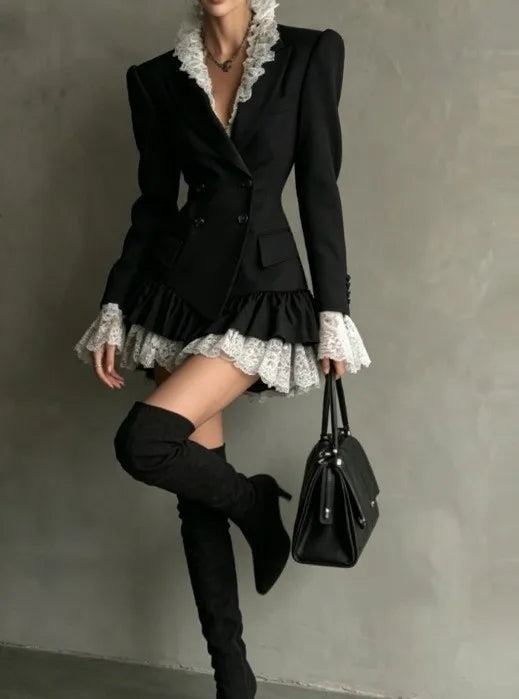 Autumn Lapel DoubleâBreasted Lace Ruffle Mini Dresses Women Fashion Long Sleeve Short Dress Elegant Ladies Party...