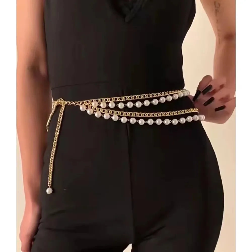 Pearl metal high-end waist chain with a simple and versatile temperament, multi-layer body chain, spicy girl street...