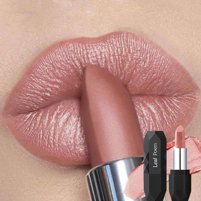Nude Pink Pearlescent Glitter Matte Lipstick Metallic Waterproof Long Lasting Rose Pink Shimmer Diamond Lipstick Makeup...