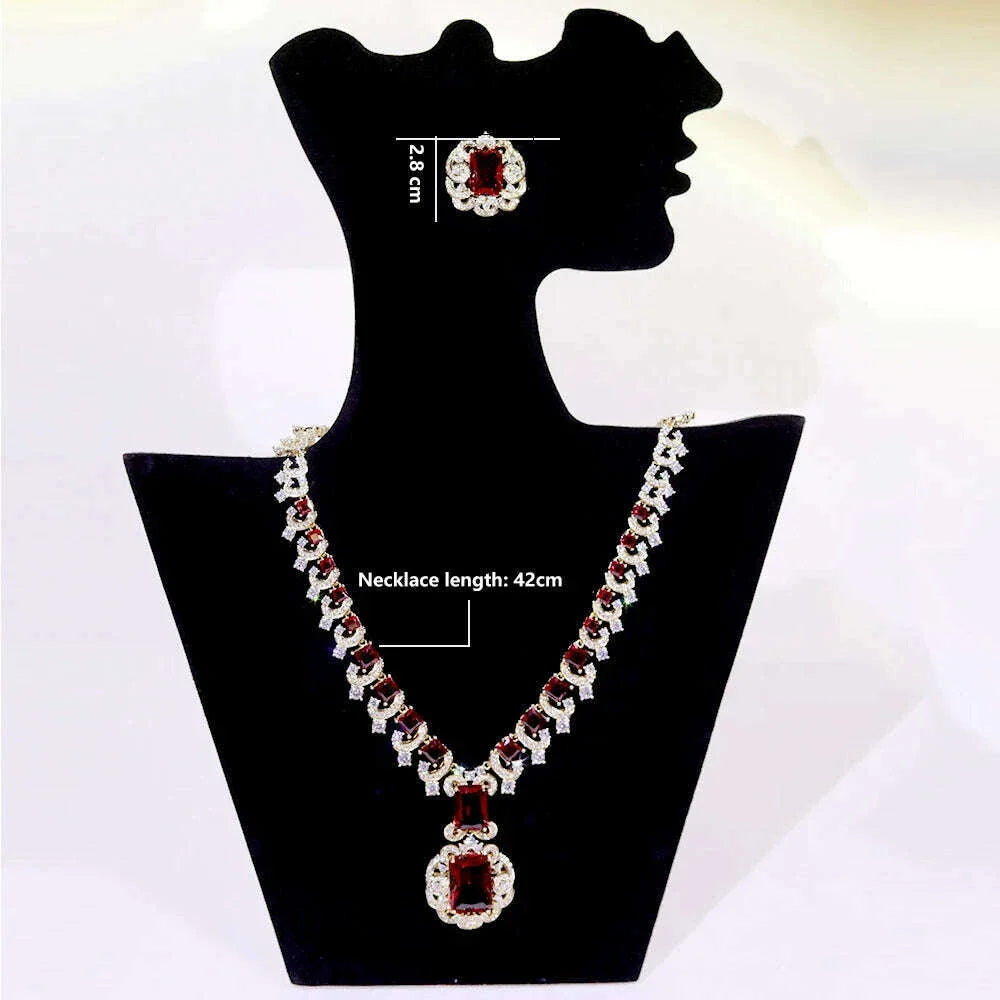 ASNORA New European and American Banquet Jewelry,  Heart Earrings Necklace Set Women's Red Zircon Square Pendant