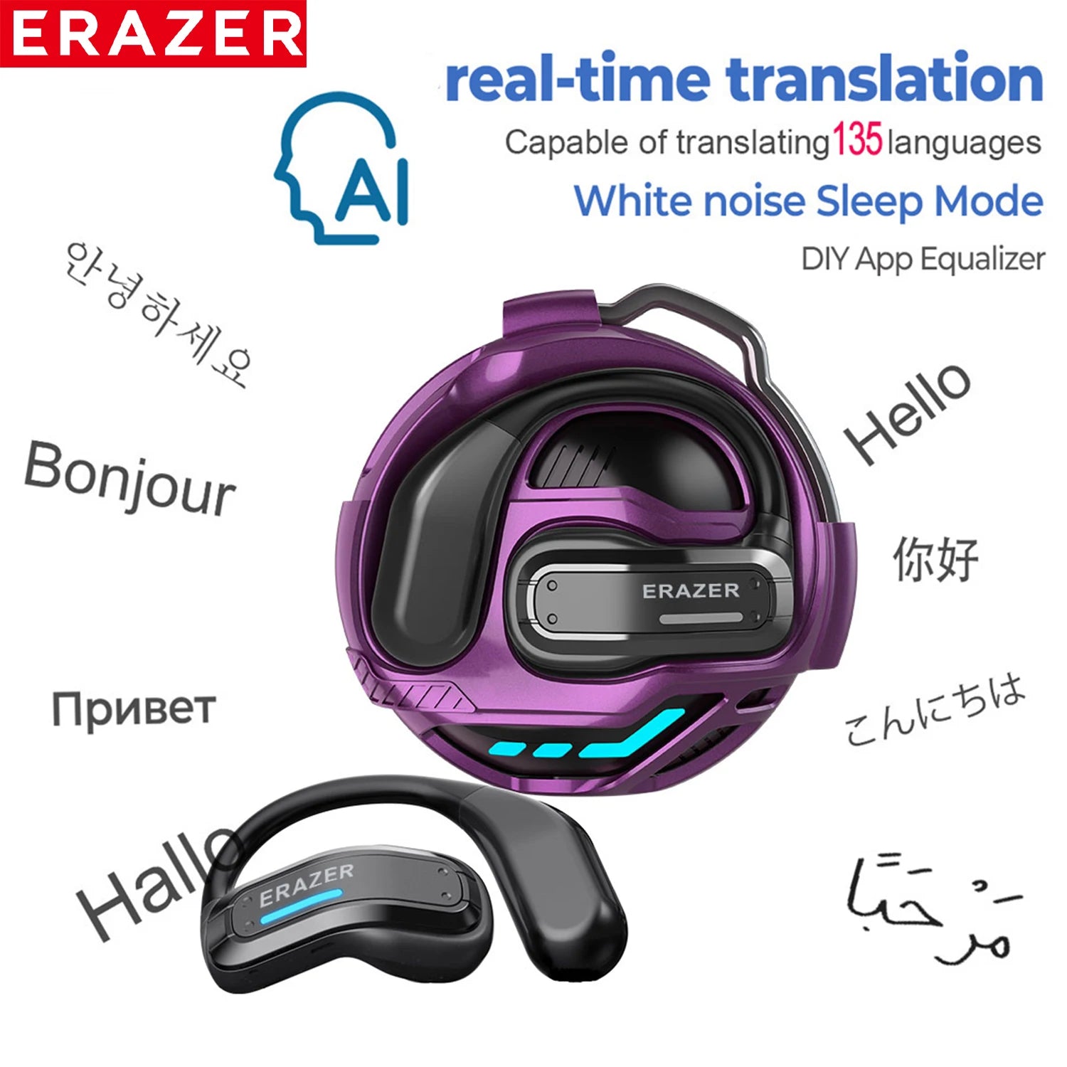 ERAZER X8 AI Translator Earbuds Gaming Bluetooth 5.4 Wireless Headphones Low latency HD Call Earphones with Mic Waterproof
