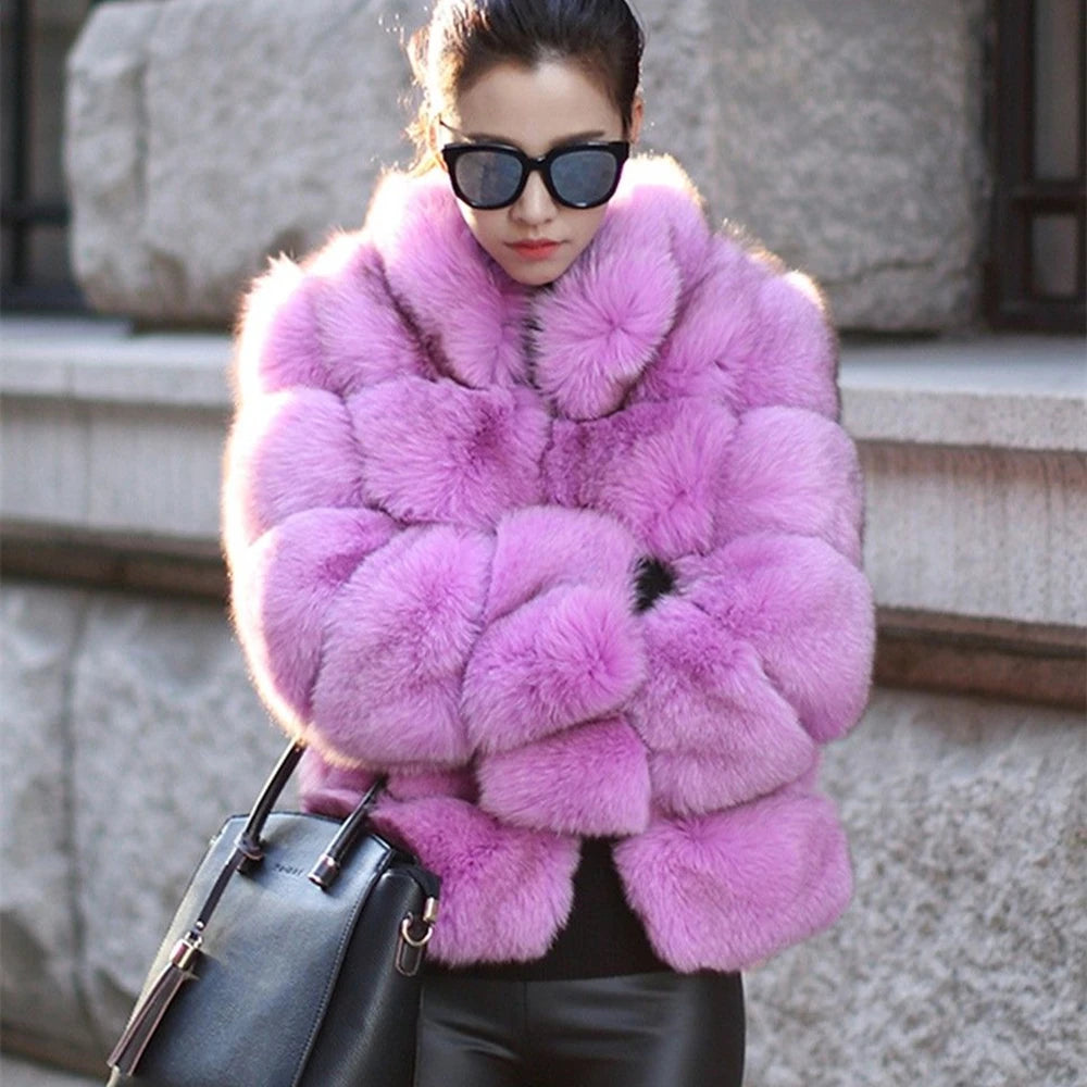 QUEENTINA Fox Fur Coat Real Winter New Outwears Women's Fashion Luxury Jacket High Quality Clothing Natural And Stand Collar
