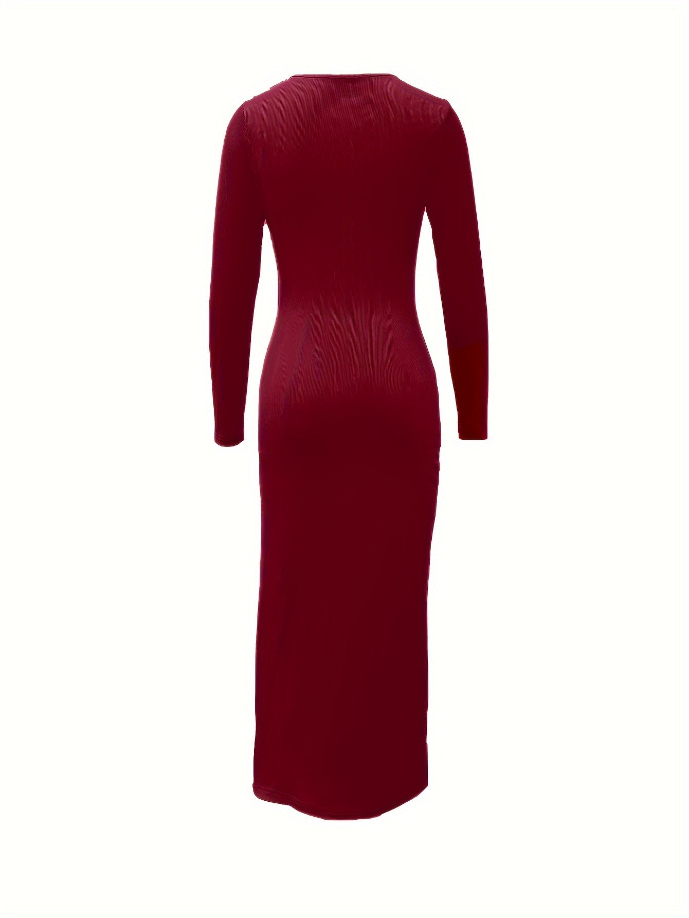 Elegant V-Neck Long Sleeve Bodycon Dress with Faux Button Detail - Stretchy Polyester Blend, Machine Washable - Perfect for Fall