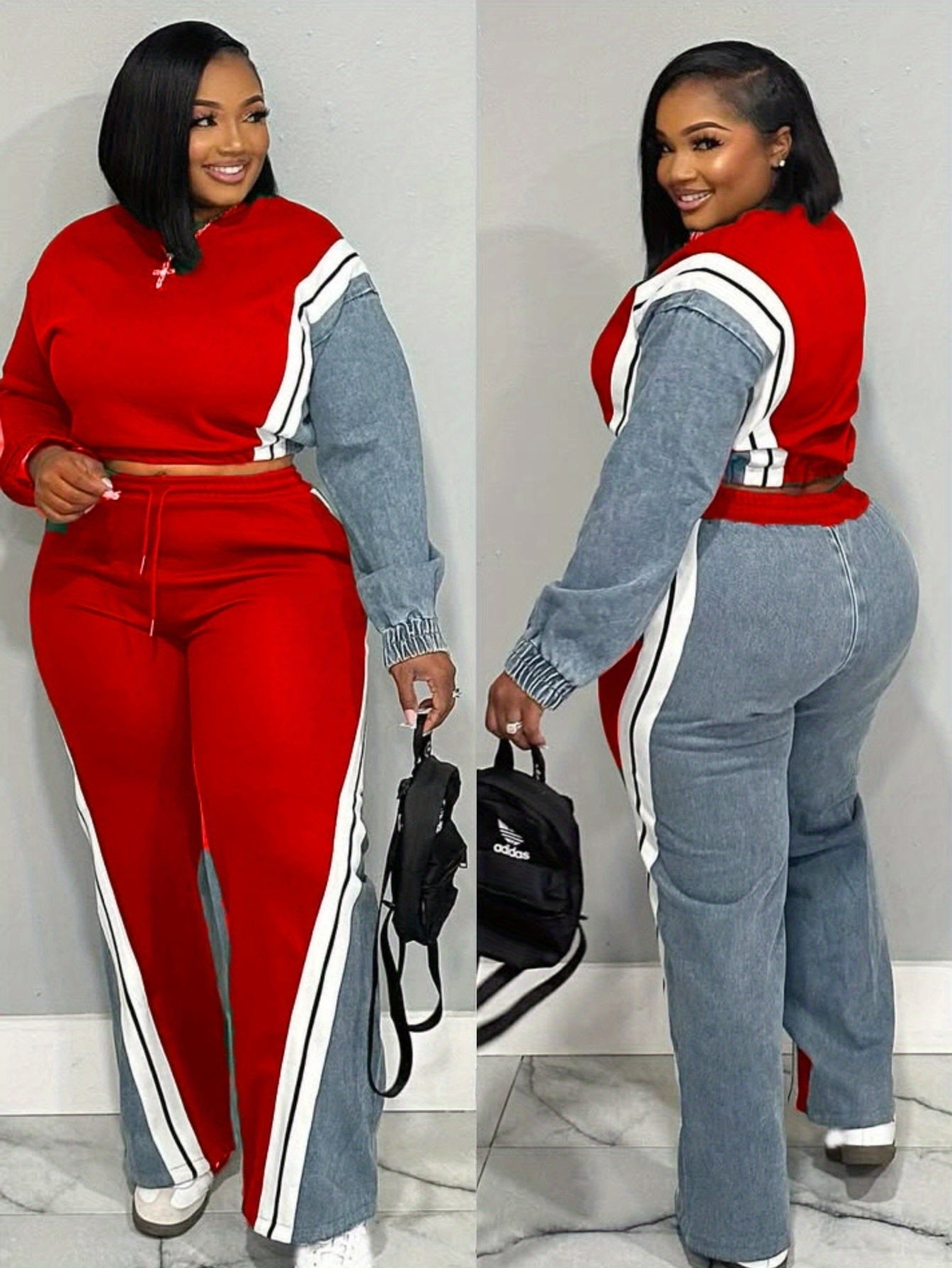 Women's Brown Color - Block Sweatshirt and Wide - Leg Pants Set with White Stripes, Two Piece Set Women Outfits, Women Two Piece Outfits, Two Piece Outfits For Women, Co Ord Set Women, Womens Clothes, Track Suits Women Two Pi