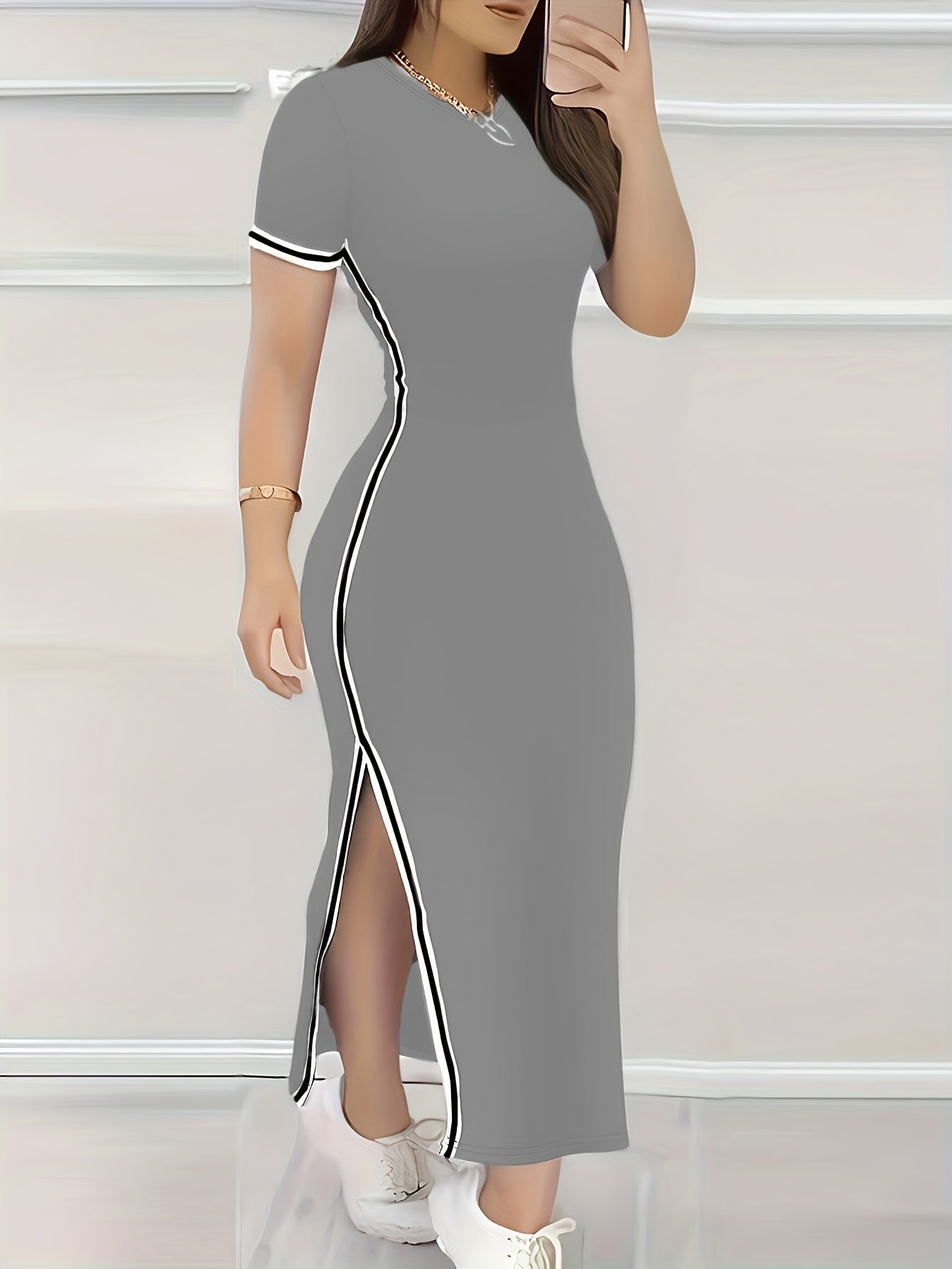 Contrast Trim Split Hem Bodycon Dress, Elegant Crew Neck Short Sleeve Dress For Spring & Summer, Women's Clothing