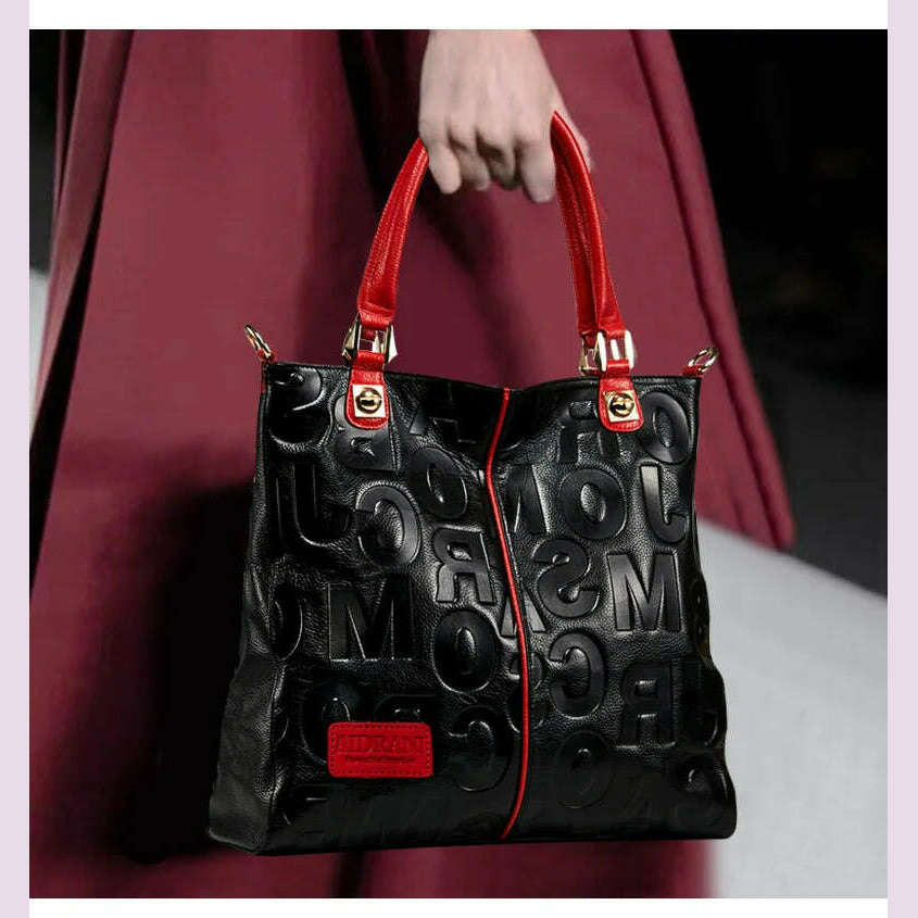 Aidrani Trendy WOMEN'S Large Capacity Letter Embossed Tote Bag Made of Soft Cowhide Material Single Shoulder Underarm Bag