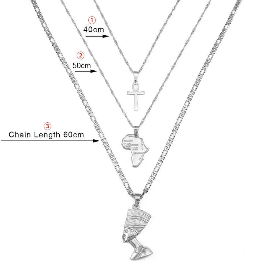Anniyo 3pcs Necklaces Together Ankh Nefertiti Africa Map Pendant Gold/Silver Color Birthday Party Ethnic Jewelry Women #244606