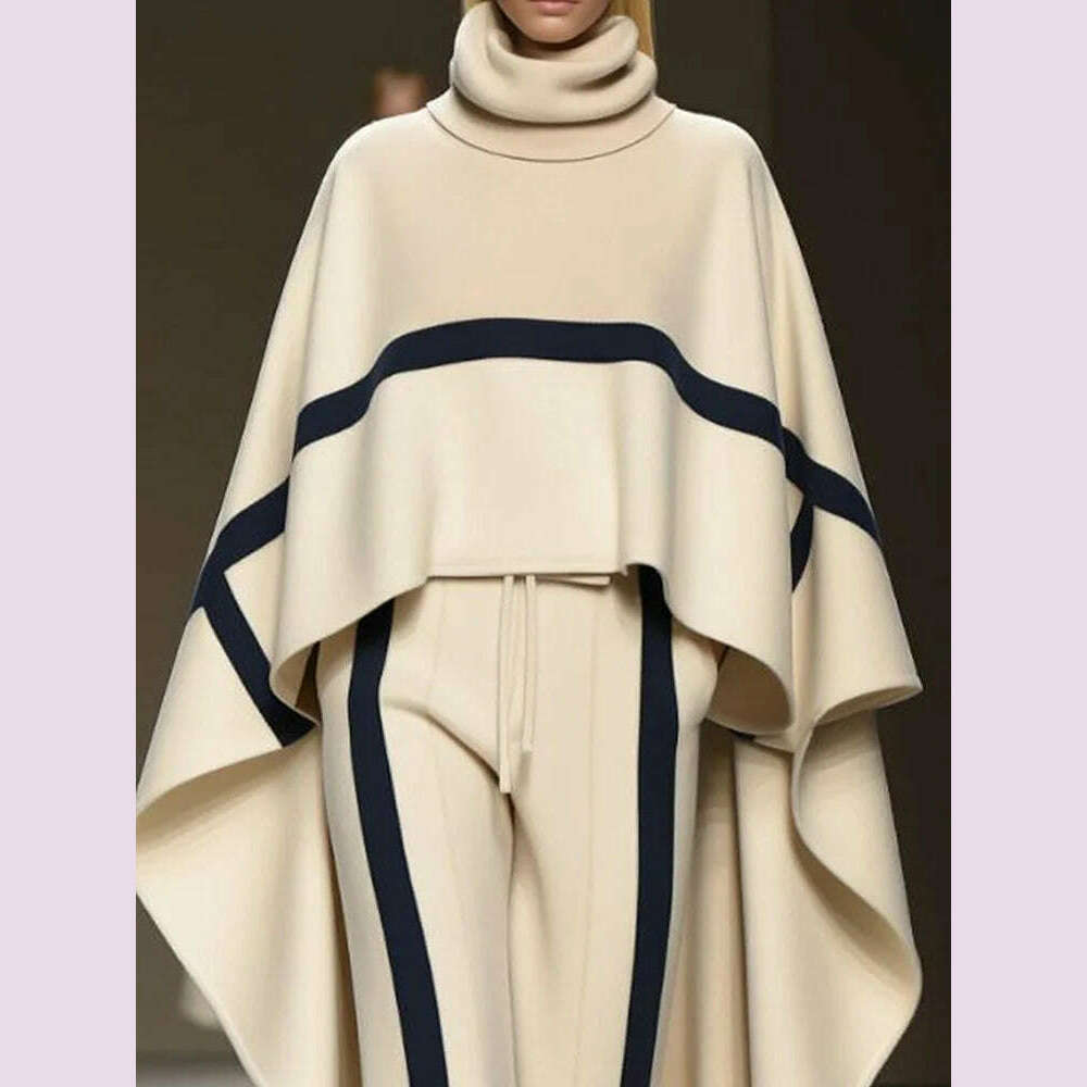 Autumn Winter Cloak Top Two Pieces Sets, Women Casual Turtleneck Fashion Outfit, 2025 Simple Chic Pocket Patchwork Ladies Suits