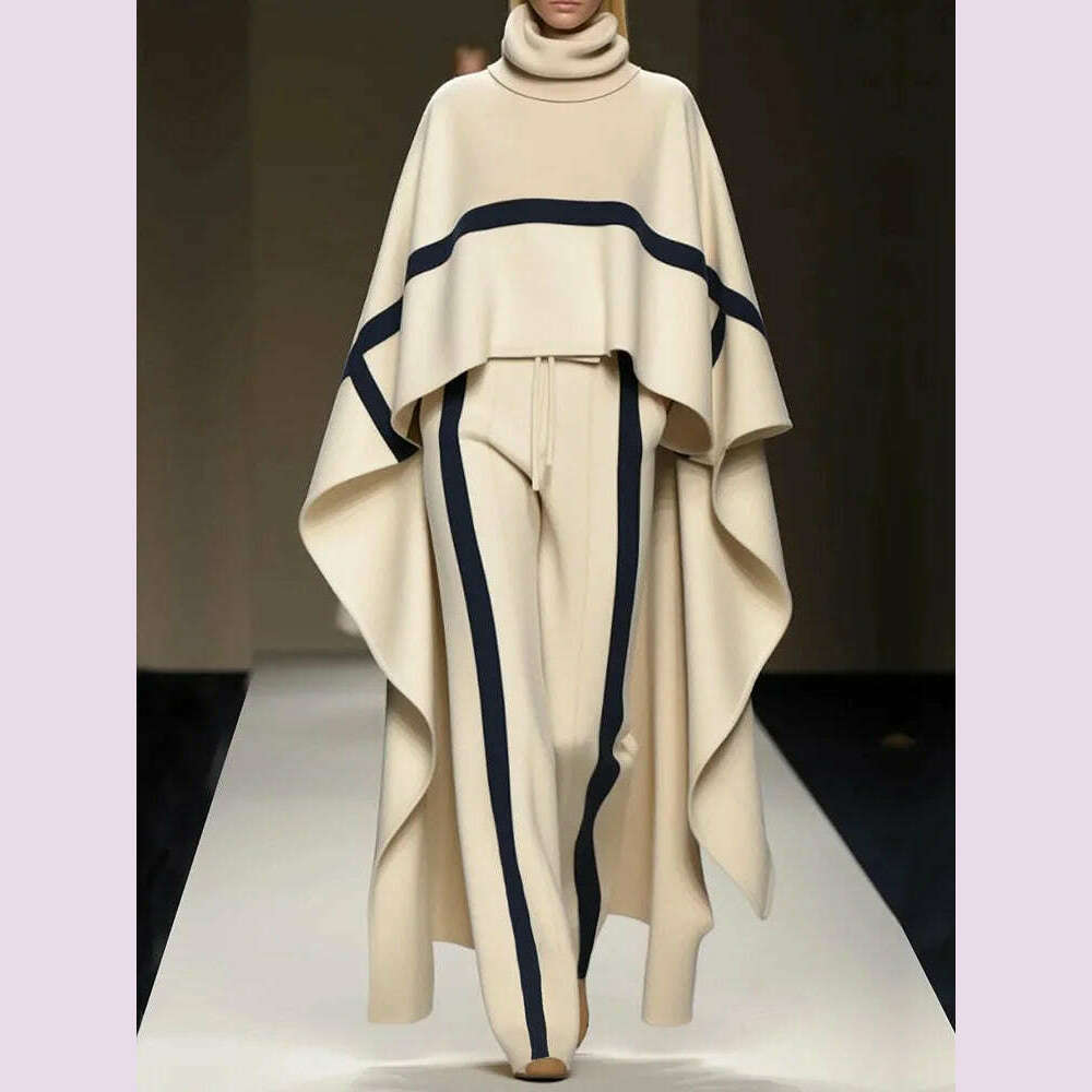 Autumn Winter Cloak Top Two Pieces Sets, Women Casual Turtleneck Fashion Outfit, 2025 Simple Chic Pocket Patchwork Ladies Suits