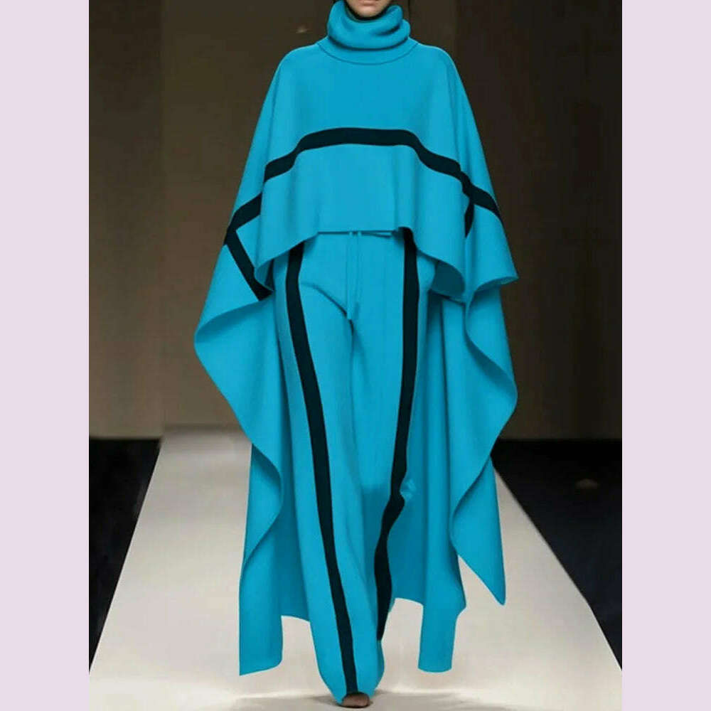 Autumn Winter Cloak Top Two Pieces Sets, Women Casual Turtleneck Fashion Outfit, 2025 Simple Chic Pocket Patchwork Ladies Suits