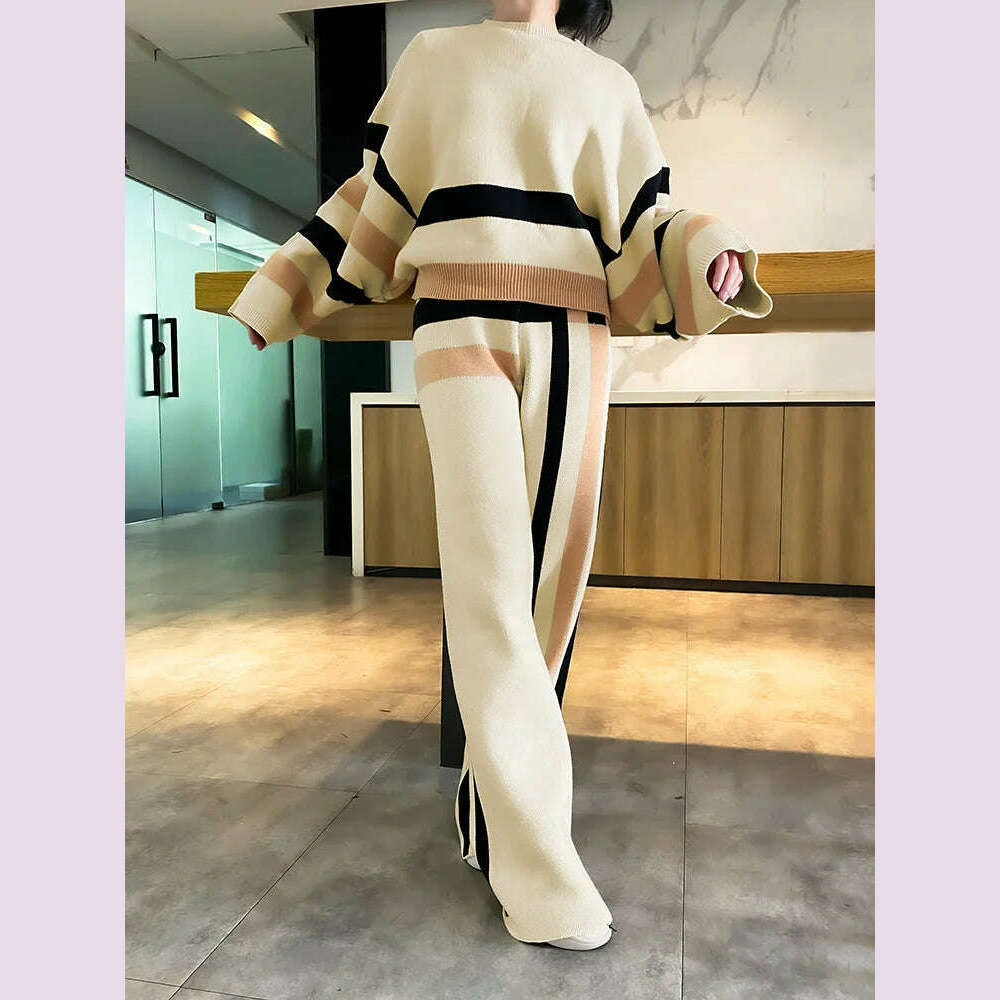 Beautyblue Chic Elegant Lantern Sleeves Pullovers Women Sweater New Casual Loose Fit Striped Knit Warm Autumn Spring Female Tops