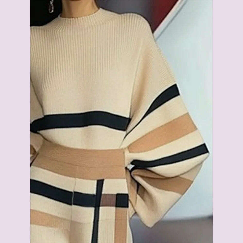 Beautyblue Chic Elegant Lantern Sleeves Pullovers Women Sweater New Casual Loose Fit Striped Knit Warm Autumn Spring Female Tops