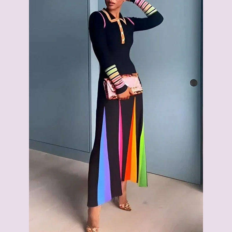 Beautyblue Skinny Maxi Dresses Elegant Printed Dress for Women Long Sleeves Buttoned Lapel New Fashion Evening Party Long Robes
