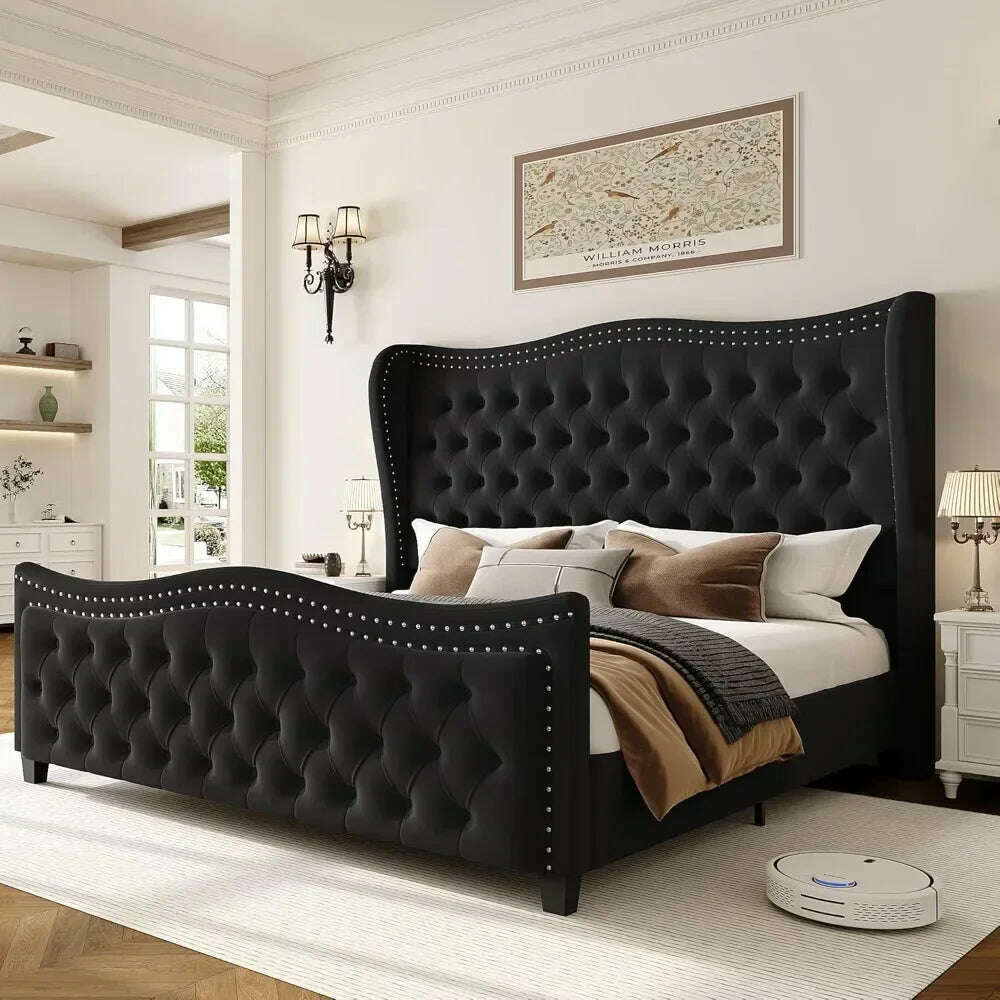 Bed Frame, 55"Headboard Upholstered Bed with Tall Footbaord,Velvet Handmade Pleats Deep Button Tufted WingbackPlatform Bed