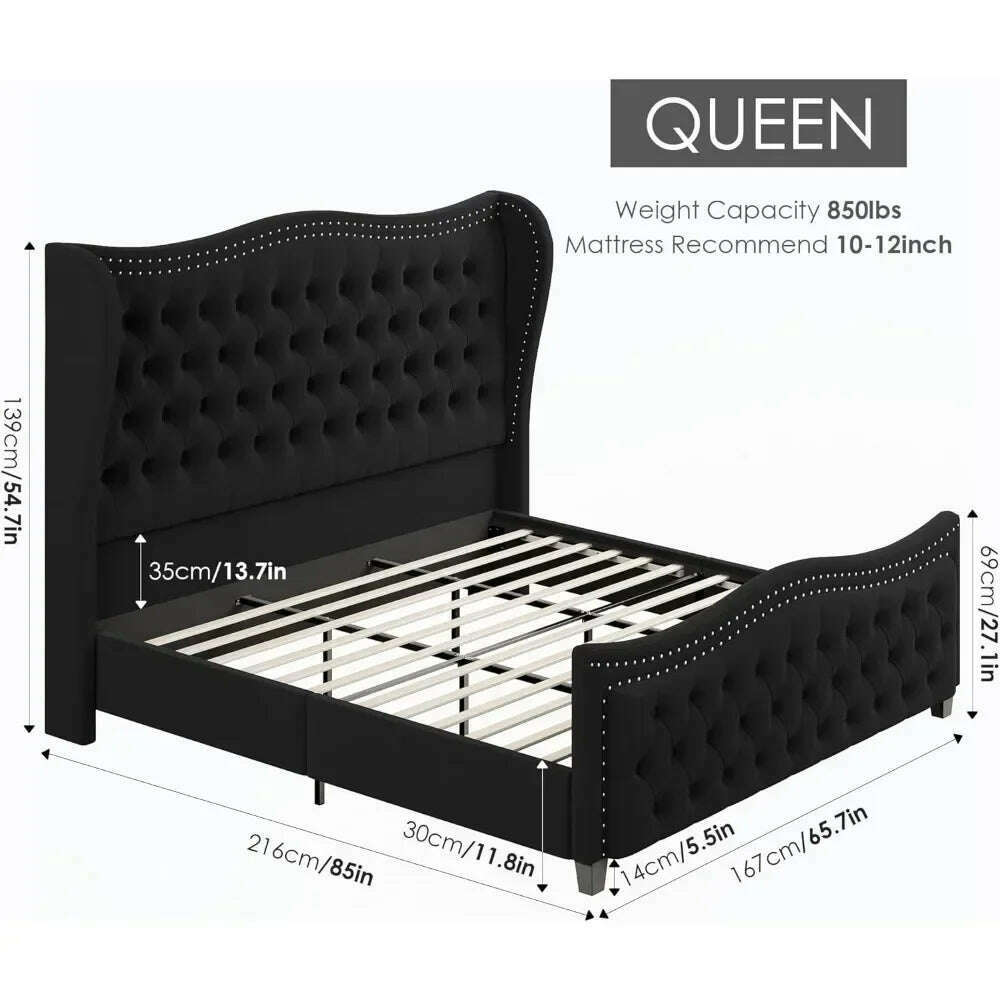 Bed Frame, 55"Headboard Upholstered Bed with Tall Footbaord,Velvet Handmade Pleats Deep Button Tufted WingbackPlatform Bed