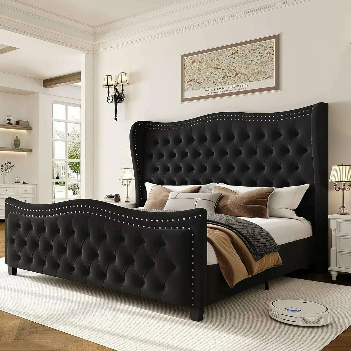 Bed Frame, 55"Headboard Upholstered Bed with Tall Footbaord,Velvet Handmade Pleats Deep Button Tufted WingbackPlatform Bed
