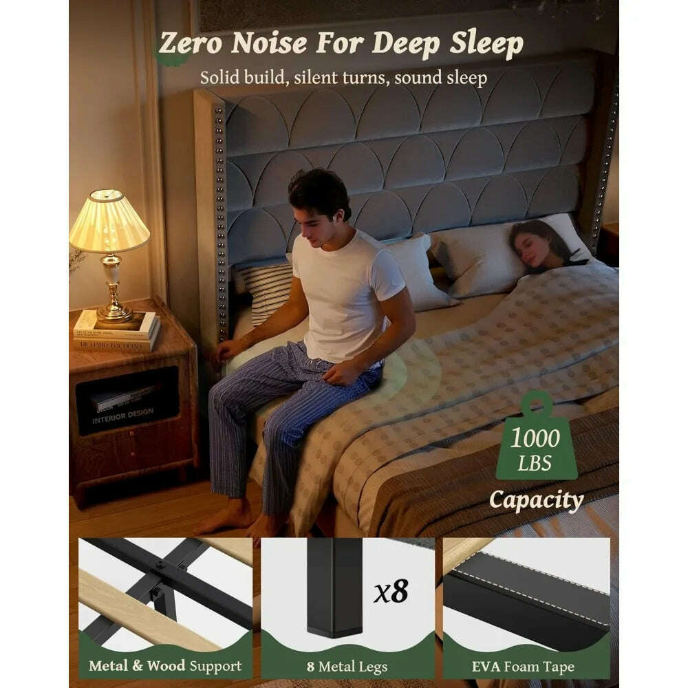 Bed Frame with -1000LBS Capacity Support, Velvet Upholstered Wingback Platform Bed Frame, Noise Free, Sturdy Wooden Slat Support