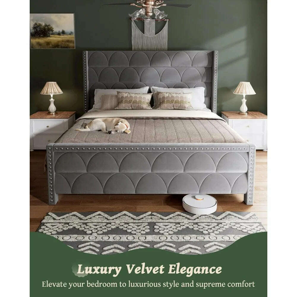 Bed Frame with -1000LBS Capacity Support, Velvet Upholstered Wingback Platform Bed Frame, Noise Free, Sturdy Wooden Slat Support