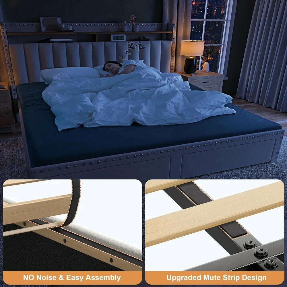 Bed Frame with Storage and Headboard, Upholstered Bed Frame with Storage, Bed Frame with 2 Drawers, No Box Spring Needed