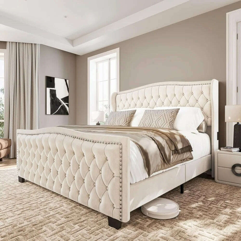 BELLEZE Upholstered Velvet King Platform Bed Frame with Deep Button Tufted Headboard, Charging Port - Oslo (Beige)