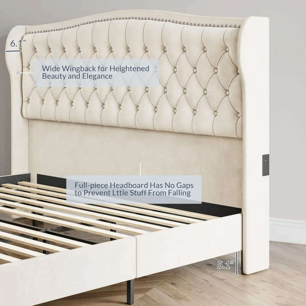 BELLEZE Upholstered Velvet King Platform Bed Frame with Deep Button Tufted Headboard, Charging Port - Oslo (Beige)