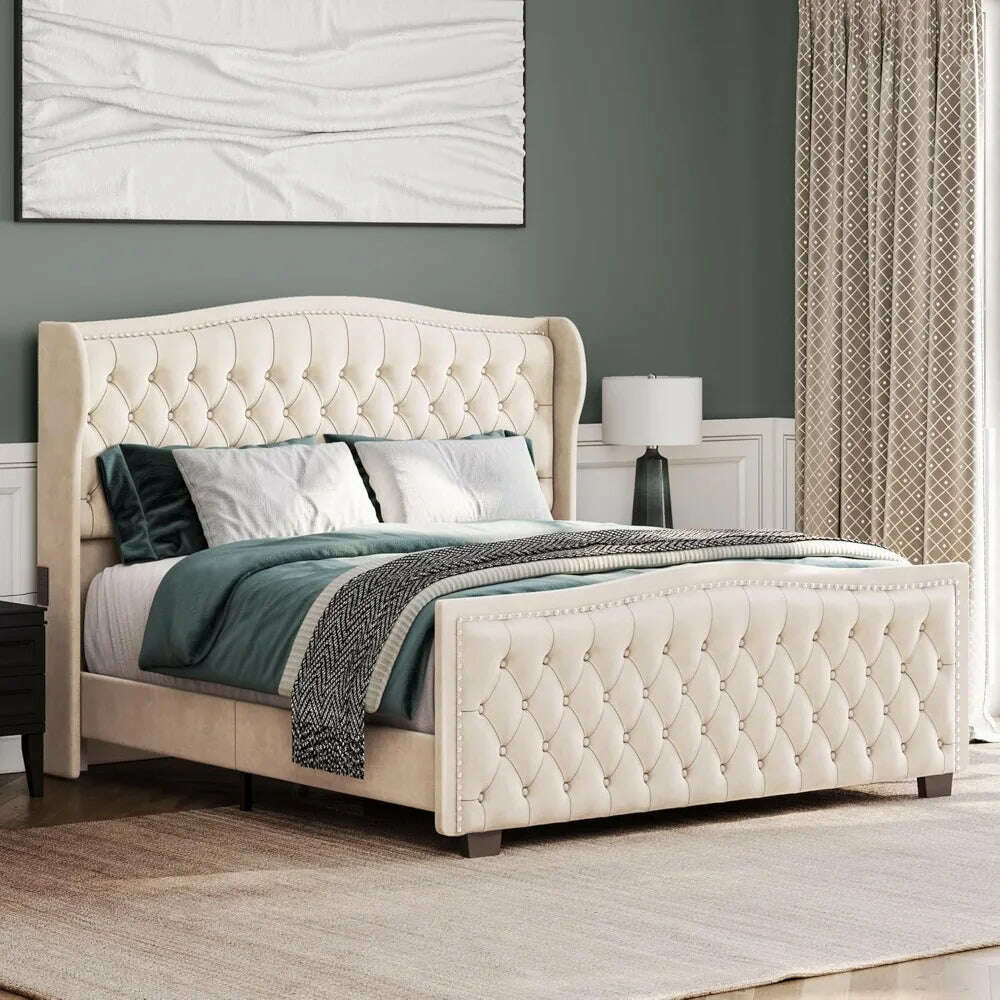 BELLEZE Upholstered Velvet King Platform Bed Frame with Deep Button Tufted Headboard, Charging Port - Oslo (Beige)
