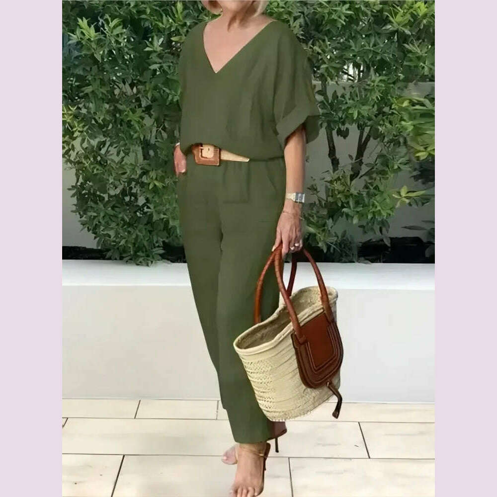 Beltless V-neck Short-sleeved Top + Nine-point Pants 2-piece Set For Women Fashion Summer Solid Color Loose Office Suit Female