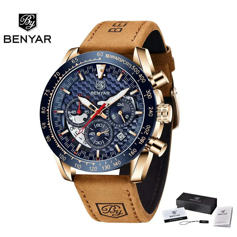 BENYAR Top Brand New Men Watches Leather Strap Luxury Waterproof Sport Quartz Chronograph Military Watch Men Clock Reloj Hombre