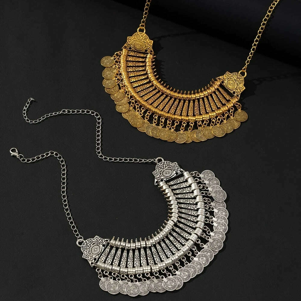 Boho Ethnic Vintage Antique Metal Coin Tassel Statement Necklace For Women Trend 2024 Afghan Turkish Tribal Jewelry