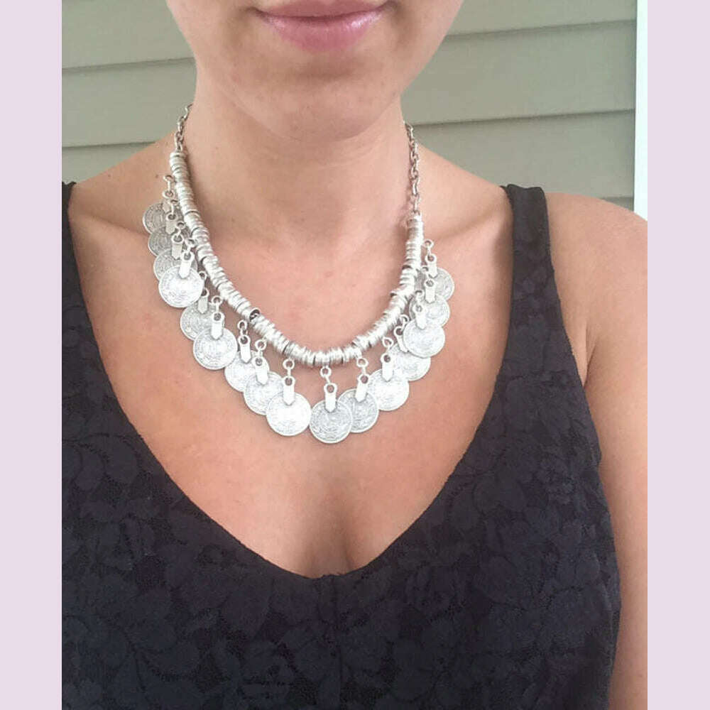 Boho Vintage Ethnic Metal Coins Necklace for Women Gypsy Choker Collar Statement Necklaces Afghan Turkish Maxi Festival Jewelry